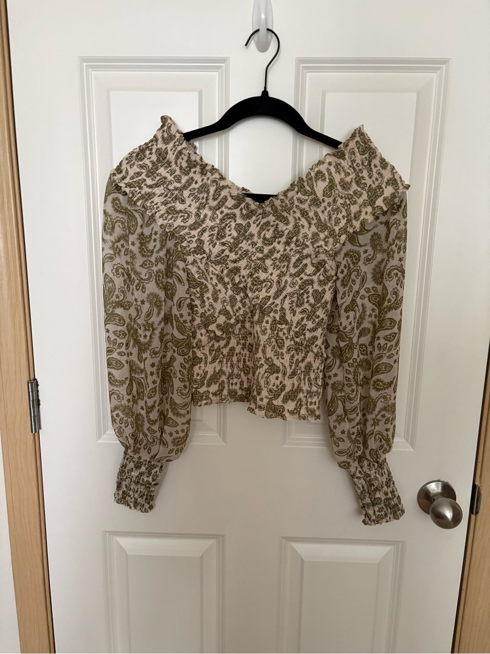 BB Dakota Cream Paisley Off-the-Shoulder Smocked Blouse with Olive Print